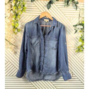 Cloth Stone Anthropologie Denim Split Back Top Blue Long Sleeve Distressed M REA